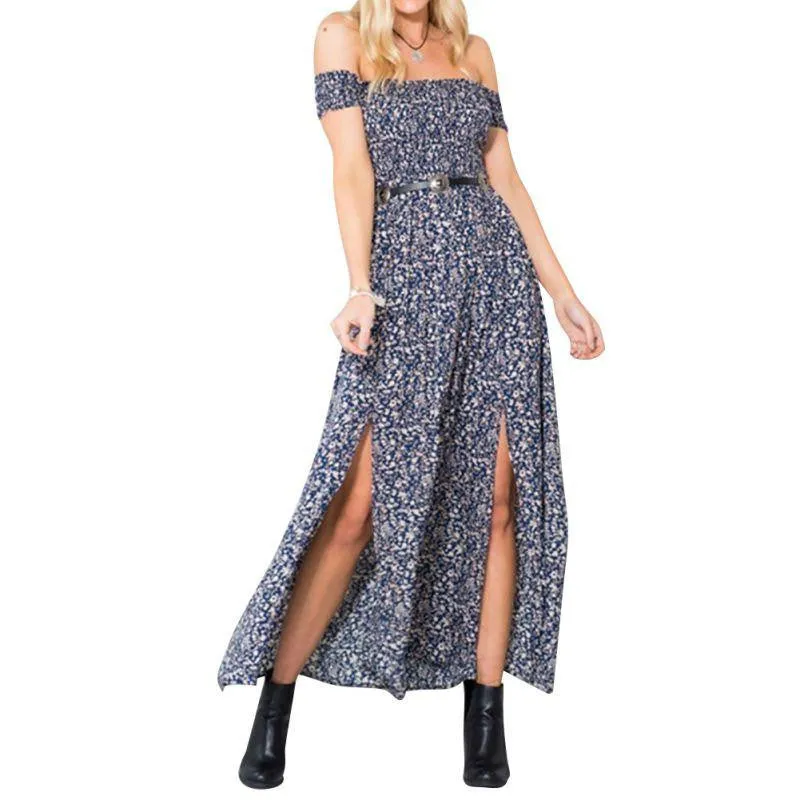 Women's Vintage Dress Floral Print Off Shoulder Split Tube Long Party Maxi Dress Beach Dresses