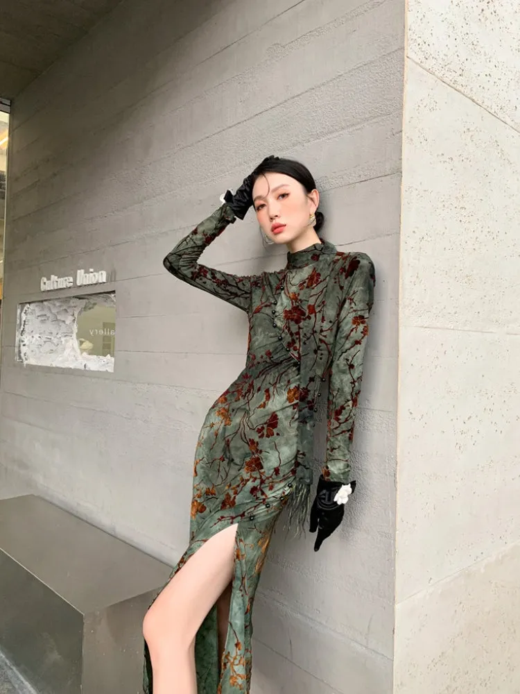 Y2K Floral Slit Qipao Midi Dress