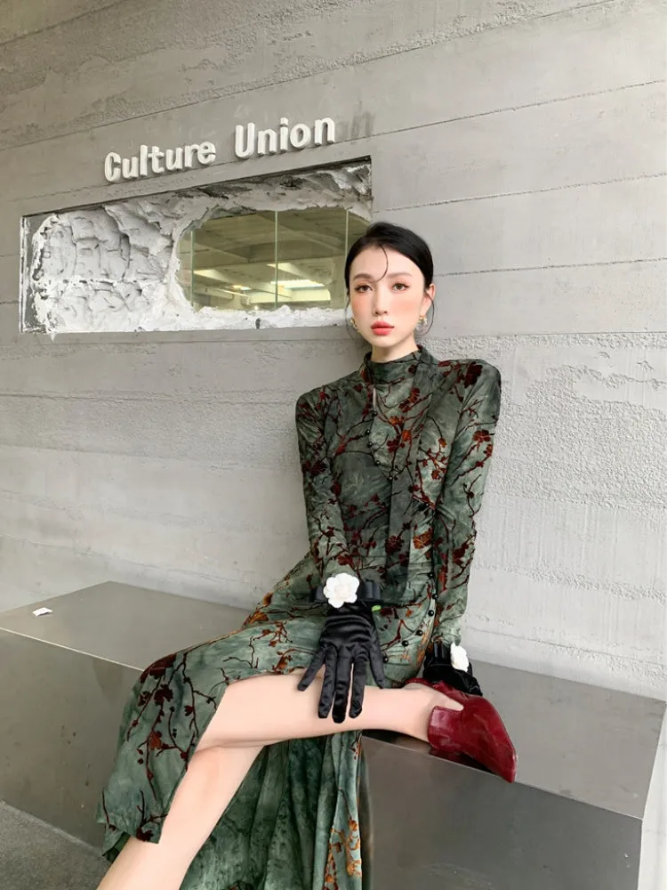 Y2K Floral Slit Qipao Midi Dress