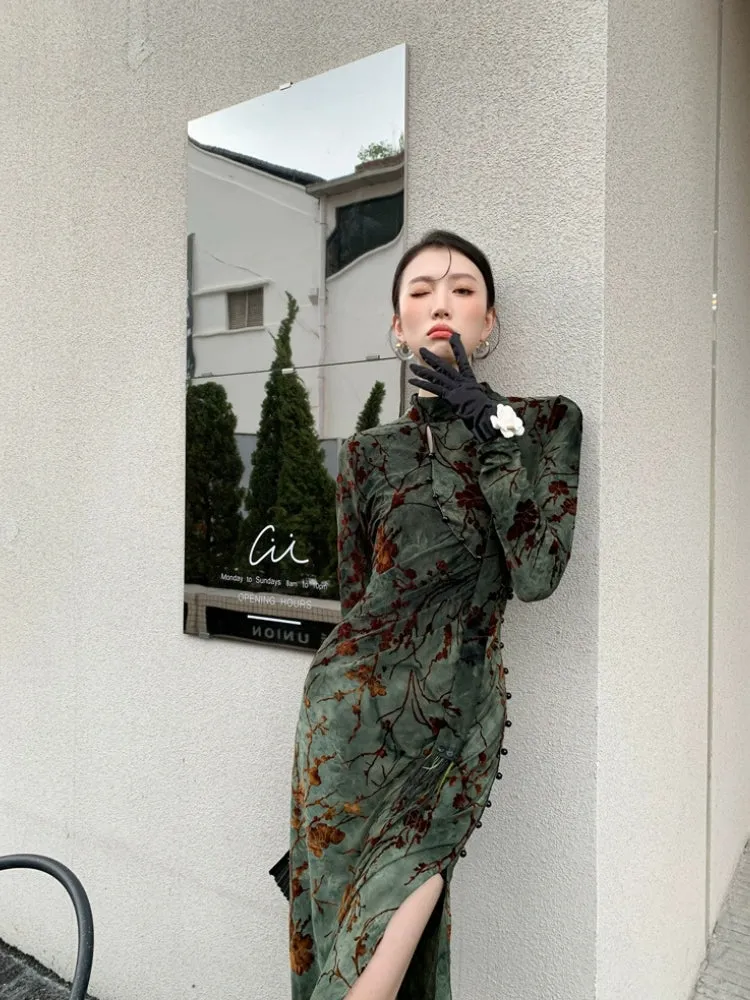 Y2K Floral Slit Qipao Midi Dress